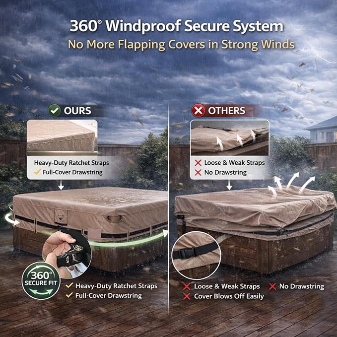 QH.HOME Hot Tub Cover Replacement 102"x 93", Waterproof & Weatherproof 600D Polyester Spa Cover for Hot Tub, UV Resistant, Windproof with Ratchet Strap System, Fits 100 x 91, 100 x 90 Rectangle