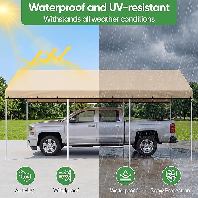 SIHAIAN 11 x 20 Ft Carport Replacement Canopy Cover(No Frame), Easy to Set up Carport Canopy, 500D Heavy-Duty Garage Top Tent Shelter Tarp Waterproof and UV Protected (Only Canopy Cover)