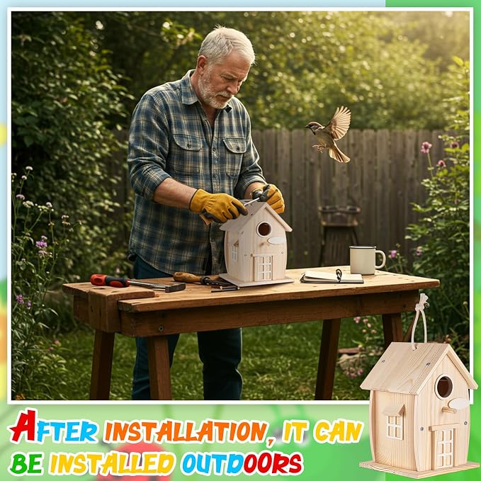 Liliful 8 Pack Wooden Bird House, Build It Yourself Woodworking Kit for Adult Kids 4-8, 8-12 with Paint and Paintbrushes, Solid Weather Proof Natural Pine Wood, Pre Drilled (Rural Style)
