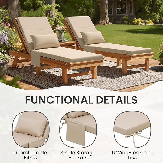 Crestlive Products Foldable Outdoor Chaise Lounge Cushions with Head Pillow and Side Pockets,Water Repellent & Fade Resistant Lounge Chair Cushion, 72" L x 21" W, Beige