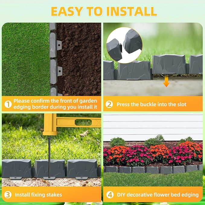 8Pcs Landscape Edging with 24 Pieces 8-Inch Spikes | for Flower Beds, Tree Rings, Pathways | Garden Edging Border Stone 12ft Long, 3-Inch Tall,Faux Stone Edging for Landscaping (Dark Grey)