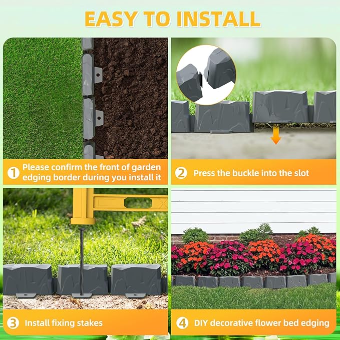 16Pcs No Dig Landscape Edging(24 Foot) with 48 Pieces 8-inch Spikes | 3 Inch Tall Faux Stone Edging for Landscaping | Faux Stone Edging Bricks for Flower Bed,Lawn,Yard,Weed Barrier(Dark Grey)