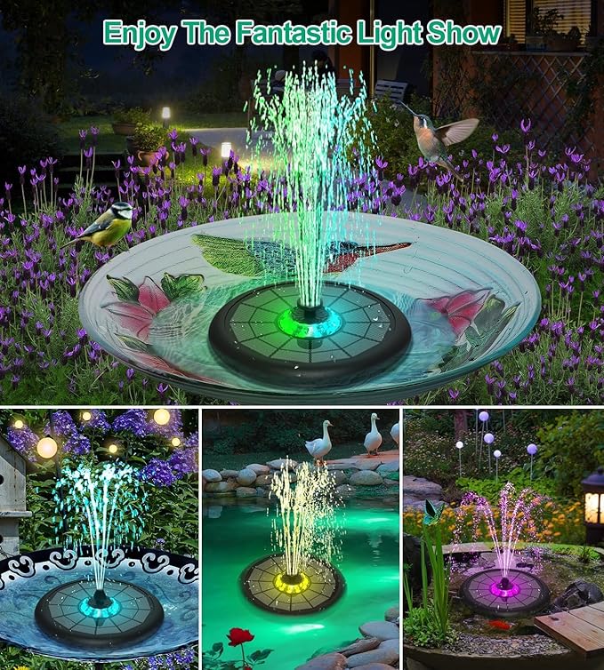 SZMP Powerful 5W Solar Powered Water Fountain for Bird Bath, Upgraded Glass Panel with Colorful Light Show, 7 Nozzles, Anti-Drift Fixer, 2000mAh Battery