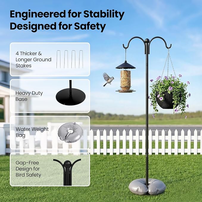 74 Inch Double Shepherds Hooks for Outdoor Bird Feeder Pole, Plant Hangers Balcony, Heavy Duty Garden Hooks Stand for Hanging Basket, Wind Chime, Hummingbird Feeder, 4 Ground Stakes Included