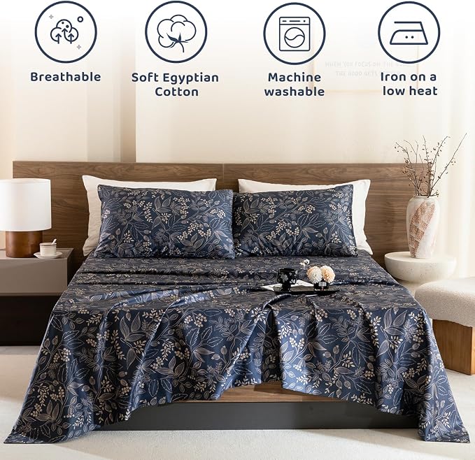 QSH Floral Egyptian Cotton Sheets Queen Size - Elegant Navy Botanical Pattern Printed Bedding Sheets Queen Size Bed Extra Soft and Breathable 4pcs Deep Pockets Bed Sheets