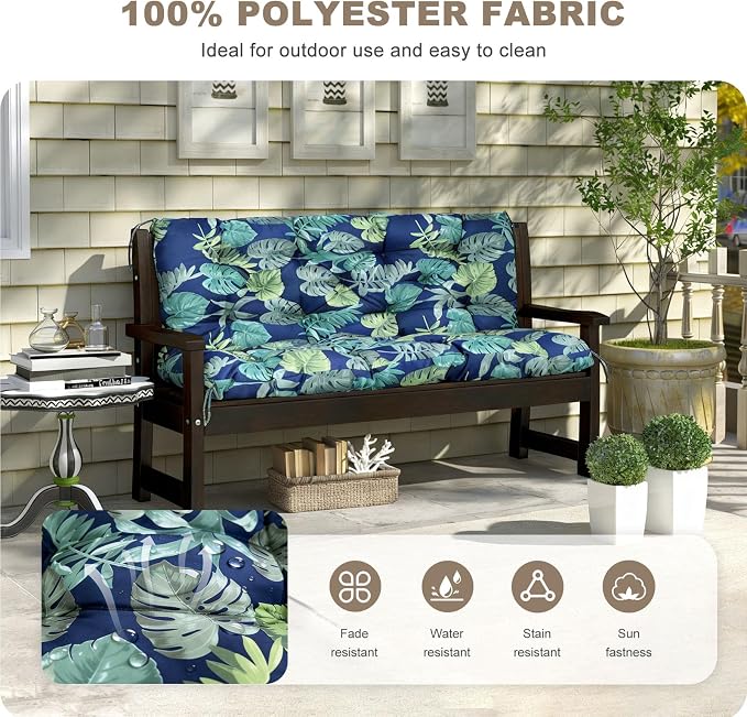 Porch Swing Cushion with Backrest,Waterproof Bench Cushion for Outdoor Furniture,2-3 Seater Replacement Thickened Swing Cushion with Ties,Patio,Outdoor,Backyard and Garden (Floral Navy,47x40")