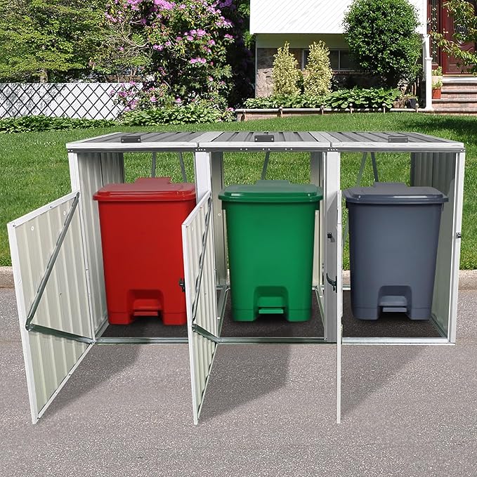 YOPTO 60 Cu.Ft Trash Bin,Waterproof Trash Bin Outdoor Enclosure,Metal Garbage Bin Storage Shed Stores,with 3 Cans,Lid and Lockable,Sheds House Shelter w/Ventilated,for Campsites,Courtyards,White Lime