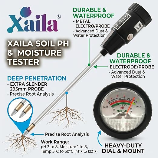 Xaila 2-in-1 Soil pH & Moisture Meter, 300mm Probe – Replacement for Standard Testers, No Battery, Deep Penetration for Garden, Farm, Lawn, Indoor/Outdoor Plants
