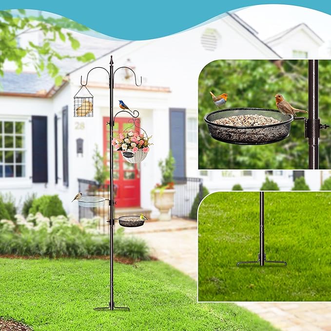 YINGYM Bird Feeder Stand Pole,77 Inch Feeding Station Kit for Outside, Wild Bird Feeder Hanging Kit with Metal Suet, Bird Bath and Mesh Tray, 3-Prong Base