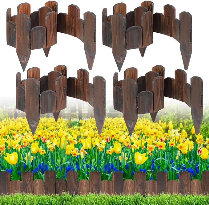 Wooden Garden Edging - 4 Pcs 5.9''x 41.3'' Sturdy Pine Landscape Border, Flexible Decorative Fence for Outdoor Yard Lawn Flower Bed Pathway Tree
