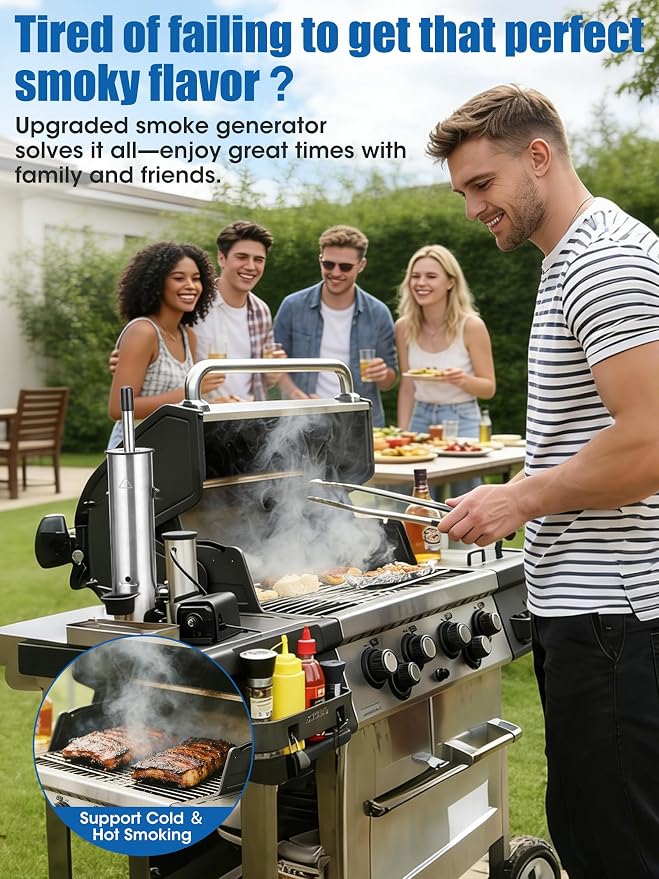 Advanced Smoke Tube for Pellet Smoker, Upgrade Cold Smoker Generator for Gas Grilling, Cordless Electric Cold/Hot Smoker Generator, Bonus Magnetic Smoking Guide, Fits Any Grill - Perfect Gifts for Men