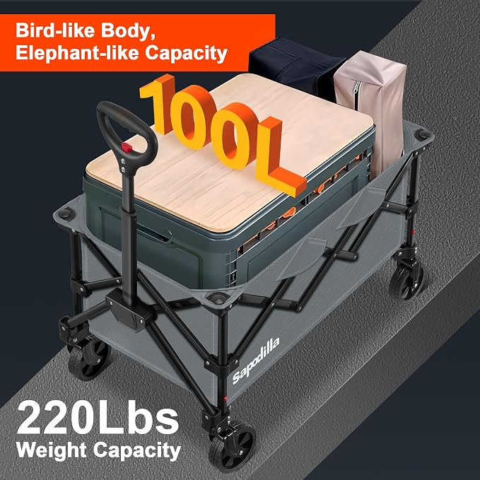 Collapsible Foldable Wagons with Wheels, Lightweight Wagon Cart with Large Capacity for Grocery,Gardening,Camping,Shopping,Grey
