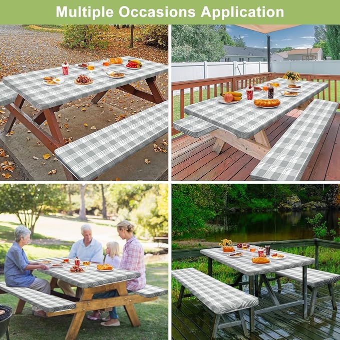 Play Tailor Picnic Table Cover with Bench Covers Camping Essentials Waterproof Windproof Camping Tablecloth with Drawstring Bag, Fitted Rectangle Tables and Seats, 96in, Grey Checkered