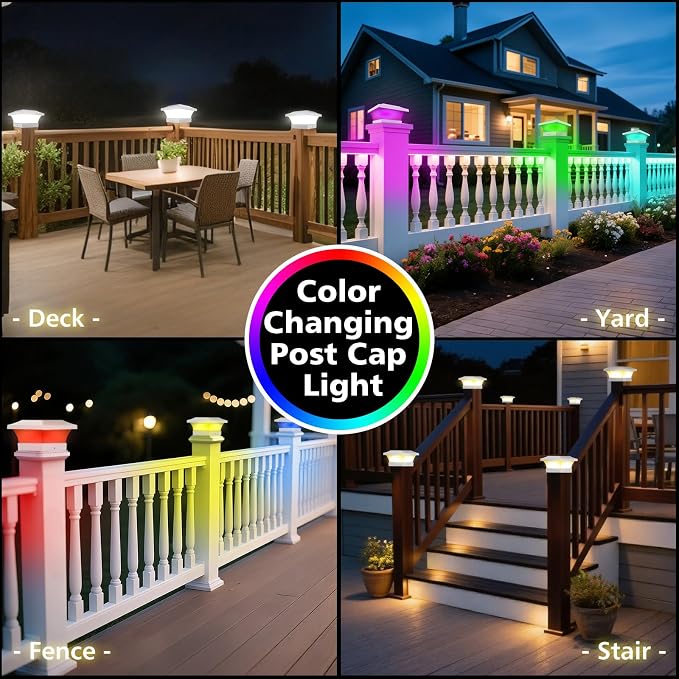 T-SUN 4X4 Post Solar Lights, Outdoor Waterproof RGB Color Changing Light for 4X4 5X5 6X6 Wood/Vinyl/Fence Posts, Deck, Solar Post Lights for Patio Garden Decor or Fence(White Shape-2 Pack)