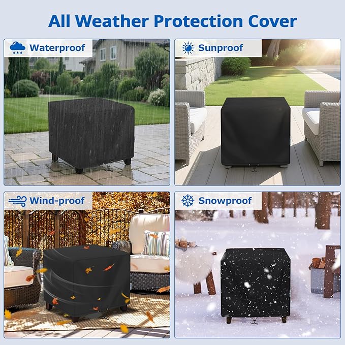 SunPatio Outdoor Ottoman Cover, Waterproof Square Coffee Table Cover, Patio Furniture Covers Side Table Cover, All Weather Protection, 22W x 22D x 18H, Black
