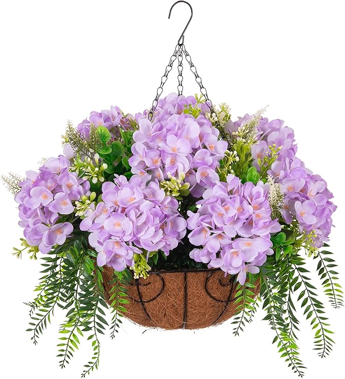 Ammyoo Artificial Flowers in Hanging Basket Planter for Home Spring Summer Decoration, Silk Hydrangea Outdoor Indoor Arrangements, 12" Metal Coconut Lining Basket with Faux Plant(Light Purple)