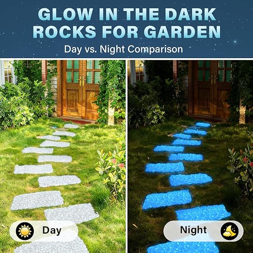 PoYang 2000pcs Glow in The Dark Rocks Outdoor - White Resin Glowing Pebbles for Landscaping, Garden, Fish Tank and Aquarium Indoor Decor, Powered by Sunlight or Lamplight (0.4"-0.7"/pc, 2.4lbs/Bag)