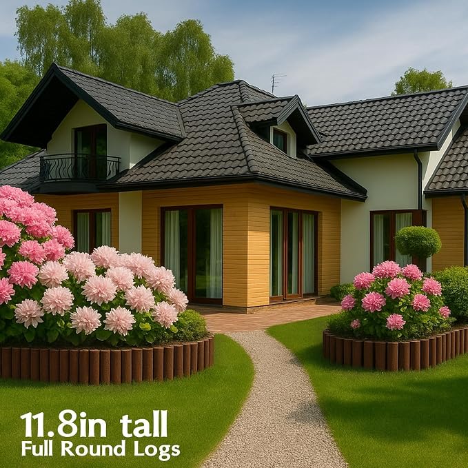 Wood Garden Edging for Landscaping – Half-Round Border Fence for Flower Beds， Pathways & Patio， Natural Decorative Wooden Panels for Garden Landscaping， 7.8in H x 4.0 ft L (6 Pack)