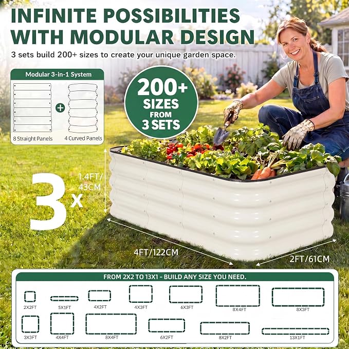 3 Pcs Raised Garden Beds Outdoor, 17" Tall 3-in-1 Modular 4x2ft Galvanized Metal Planter Box with Bracing Rods and Gloves for Vegetables Flowers Herbs, White