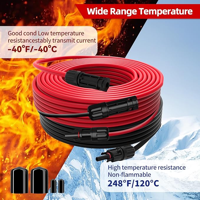Solar Extension Cable 10 Gauge Solar Panels Wire 20Ft 10AWG (6mm²) PV Wire SJZSUNRUN Tinned Copper Wire with 2 Pairs Solar Connectors for Outdoor Automotive, Marine, (20Ft Black& 20Ft Red)
