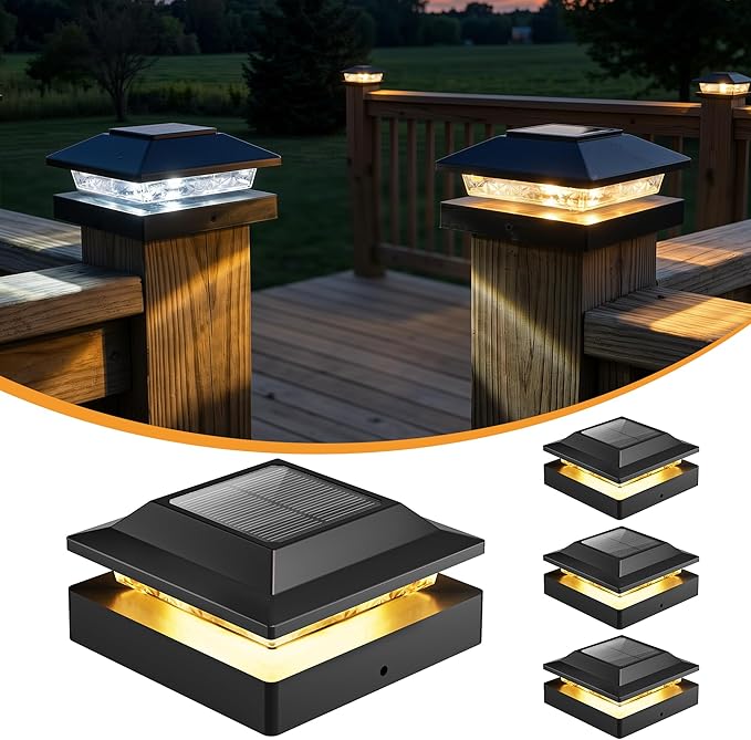 Brightown Solar Post Cap Lights Outdoor 4-Pack, Waterproof Fence Post Solar Lights for 4x4 Wood/Vinyl Posts, 16 LED Deck Post Lights with 2 Color Modes Decorate Patio Porch Garden