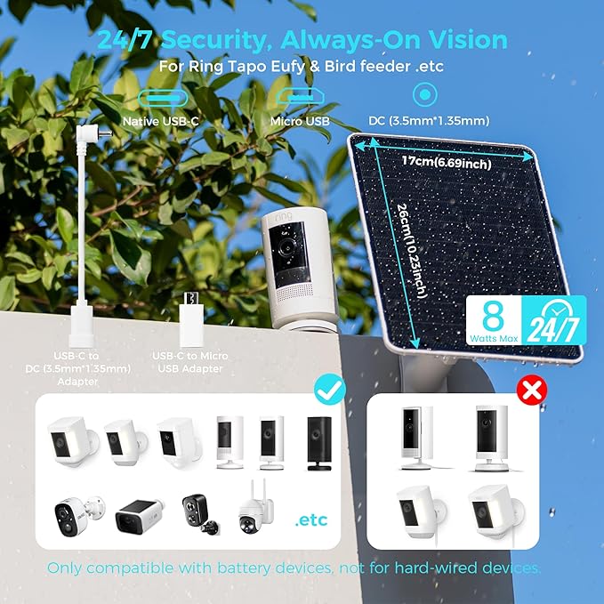 5V 8W Solar Panel for Security Camera, for Bird Feeder, 4G AOV Trail Cam, Ring Tapo Eufy Vicohome Eseecloud, Native USB-C, Micro-USB & DC 3.5mm*1.35mm, 23% Conversion, 9.8 Ft, 260 Days Care Plan