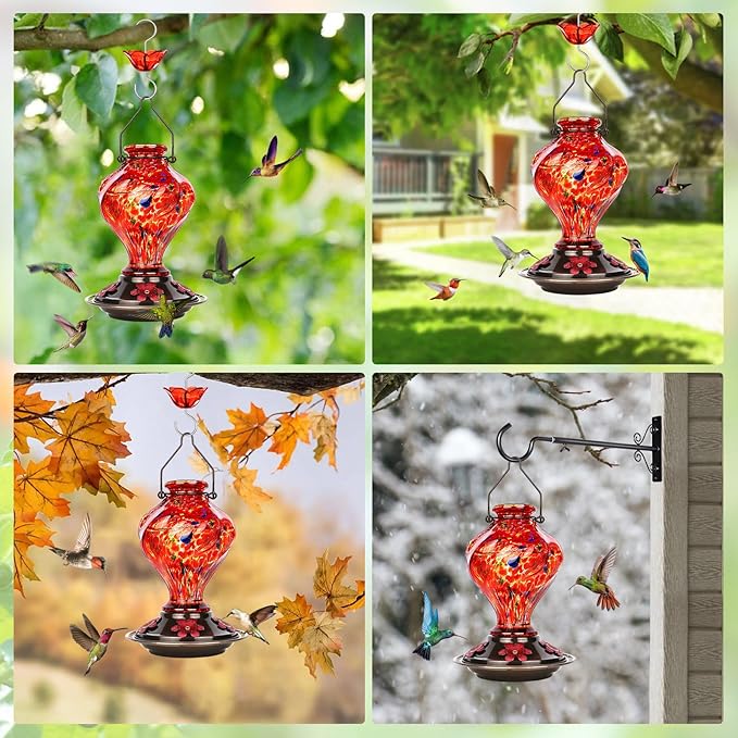 Hummingbird Feeder, BOLITE Glass Hummingbird Feeders for Outdoors Hanging, Hand Blown Twisted with Ant Moat and Five Feeding Ports, 24 Ounces, Leak Proof, Red, Gifts for Women Men, Gifts for Mom Dad