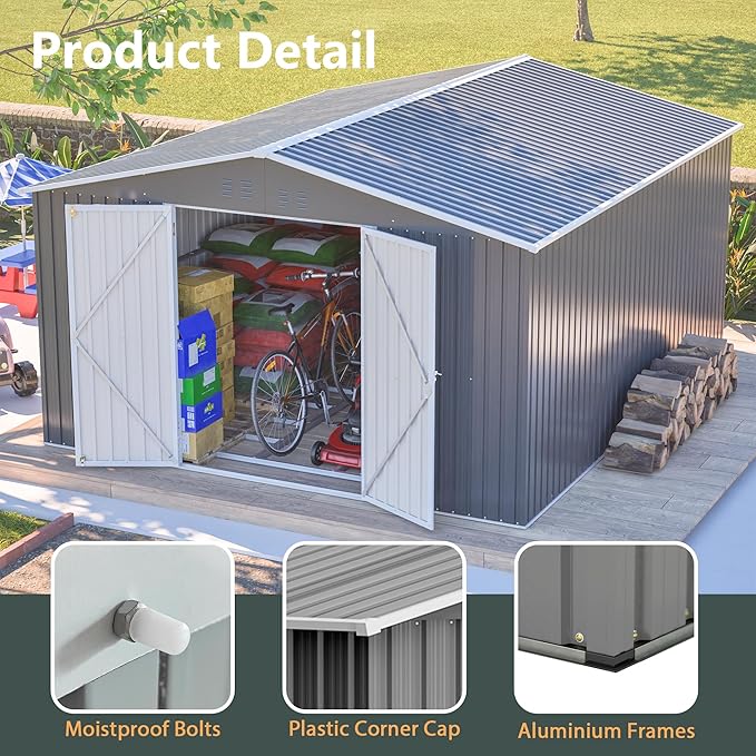 YOPTO 11x13 FT Outdoor Storage Shed,Heavy Duty Metal Shed W/Floor Frame,Garden Shed W/ 4 Air Vents & Sloped Roof,for Backyard,Patio,Lawn,Gray