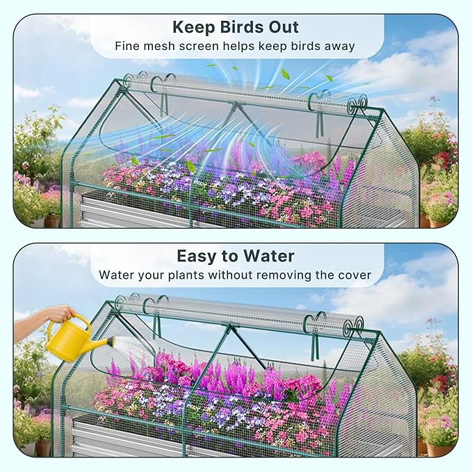 Miory Raised Garden Bed with PE Cover, 6x3x1 FT Galvanized Planter Box Outdoor with Greenhouse Cover, 2 Large Zippered Screen Windows for Vegetables, Flowers, Includes Labels & Gloves