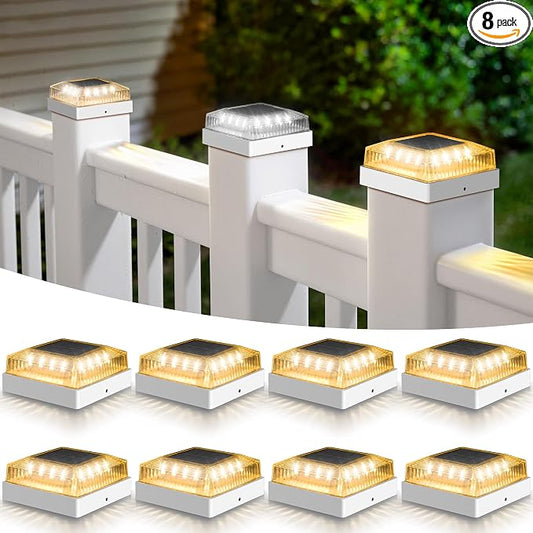 Solar Post Cap Lights, 8-Pack Fence Post Solar Lights for 4x4 Wood/Vinyl Posts, IP65 Waterproof, 10-12 Hours of Illumination with 3 Lighting Modes for Garden/Patio/Porch - White