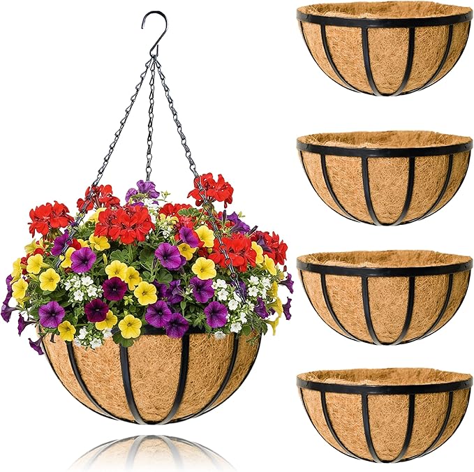 4 Pack 14 Inch Hanging Planters for Outdoor Plants Metal Hanging Planter Basket with Coco Coir Liner Round Plant Black Flat Iron Metal Flower Pots for Deck Patio Porch Garden Balcony