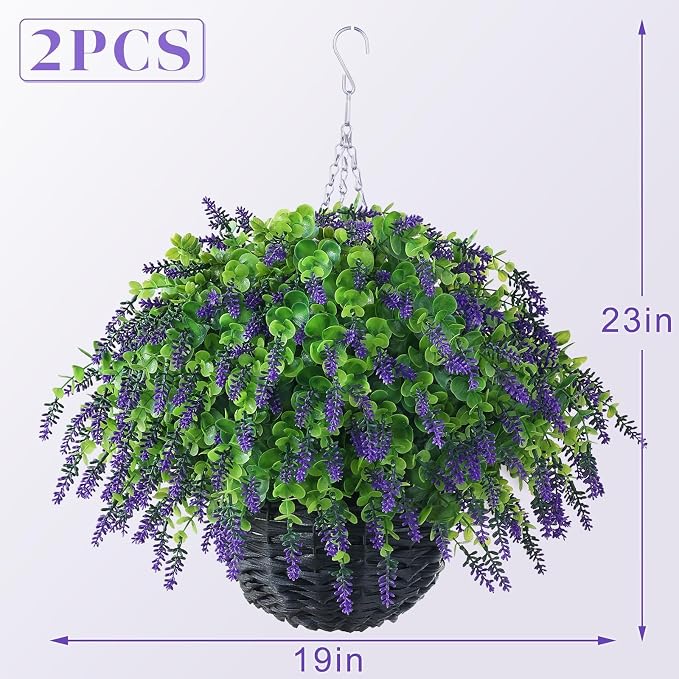 VIERENA Artificial Lavender and Eucalyptus Leaves Hanging Basket - 2 Set for Outdoor Decorations,Fake Flower Hanging Basket UV-Resistant for Porch, Home Garden, Farmhouse, Eaves, Yard Decor