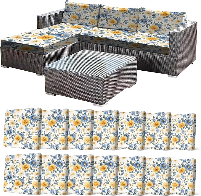 CALBODE 14 Pcs Stretch Outdoor Seat Cushion Covers, Washable Chair Seat Cover for Patio Furniture Cushions Soft Indoor and Outdoor Couch Cover Replacement (Spring Bloom, Cover Only)