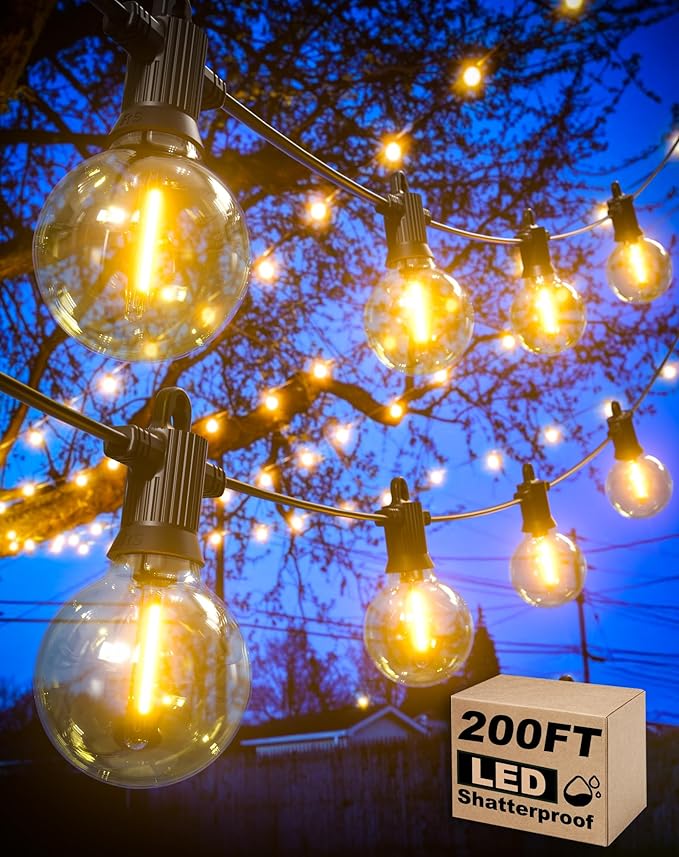 Zuske Outdoor String Lights, 200FT Patio Lights with 100 Shatterproof G40 Globe Bulbs(4 Spare), Waterproof Connectable Dimmable LED Hanging String Lights for Outside Backyard Porch Balcony (100FT x 2)