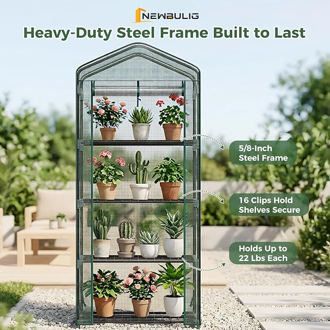 NEWBULIG Mini Greenhouse with Durable PE Cover Roll-up Zipper Door 4 Tier, 27"×19"×63" Small Greenhouse for Outdoors Indoor Balcony, Porch, Garden, Patio, Backyard Green Houses, Green