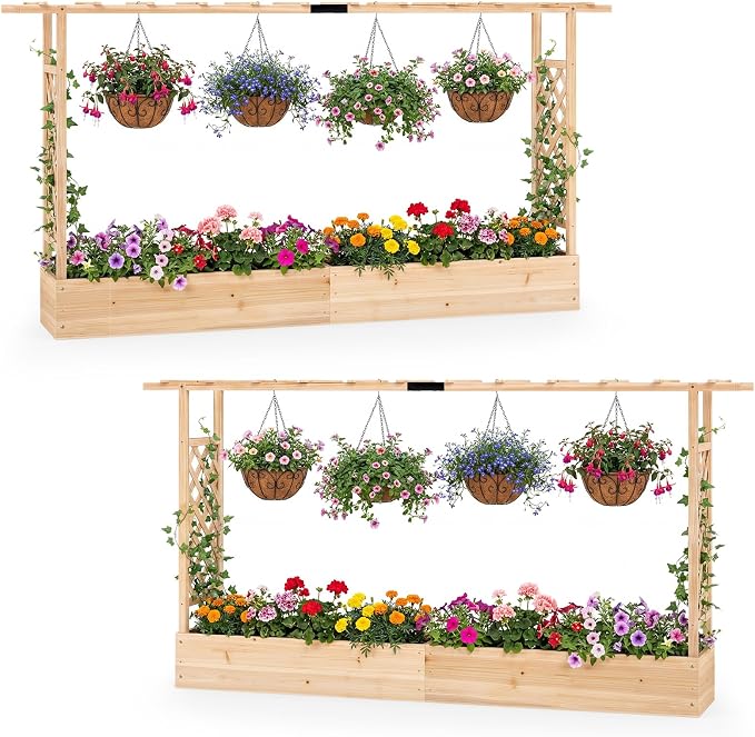 HAPPYGRILL Raised Garden Bed with Trellis, 2 Freestanding 45" Wood Planter Box w/Hanging Roof & 8 Drainage Holes for Vine Climbing Plants Flowers, Outdoor Wood Elevated Garden Bed for Patio Yard