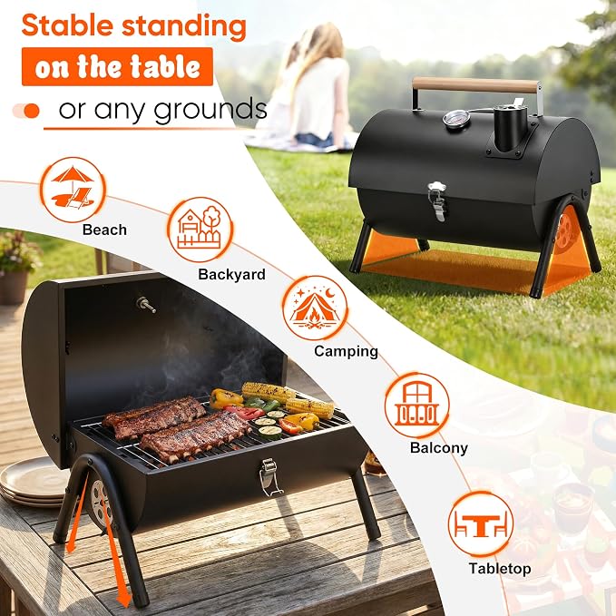 Portable Charcoal Grill with 6 BBQ Tools, HaSteeL Compact Tabletop Barbecue Grill with Thermometer, Small Smoker for Outdoor Camping Backyard Beach BBQ, Thick Steel, Easy to Assemble