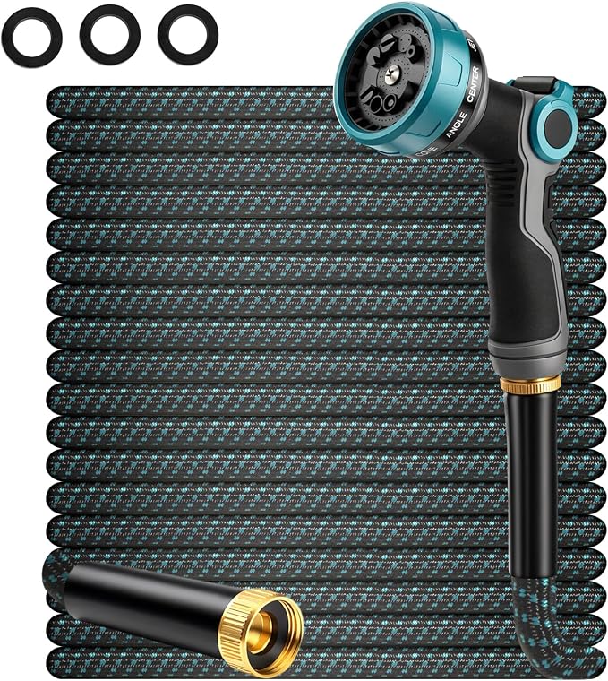 50FT Non-Expandable Garden Hose, Lightweight Kink-Free Water Hose with 10-Pattern Spray Nozzle, 3/4" Brass Connectors, Leak-Proof Abrasion Resistant Flexible Hose for Lawn, Yard, Car Washing