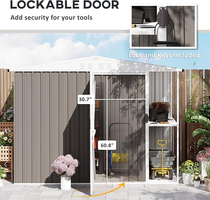Outsunny 8 x 4ft Outdoor Storage Shed with Lock, 2-Tier Storage Rack, Air Vents, Garden Tool Shed for Backyard, Patio, Lawn, Warm Gray