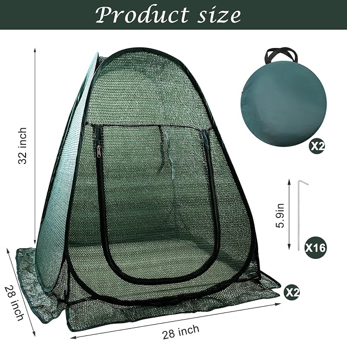 2 PCS Pop up Plant Cover Tent for Outdoor Plants, Large Plant Shade Tent 80% UV Resisitant Sunblock Shade Cloth Net Zipper Door Garden Pest Guard Plants Sun Protection with Stakes, 28 x 28 x 32 Inch