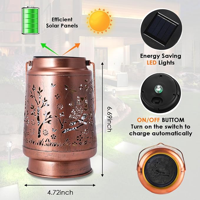 Solar Lanterns Outdoor Waterproof - Owl Garden Decor Gifts for Women Mom Grandma, Metal Hanging Solar Lights for Patio Yard Porch, Auto On/Off Landscape Lighting