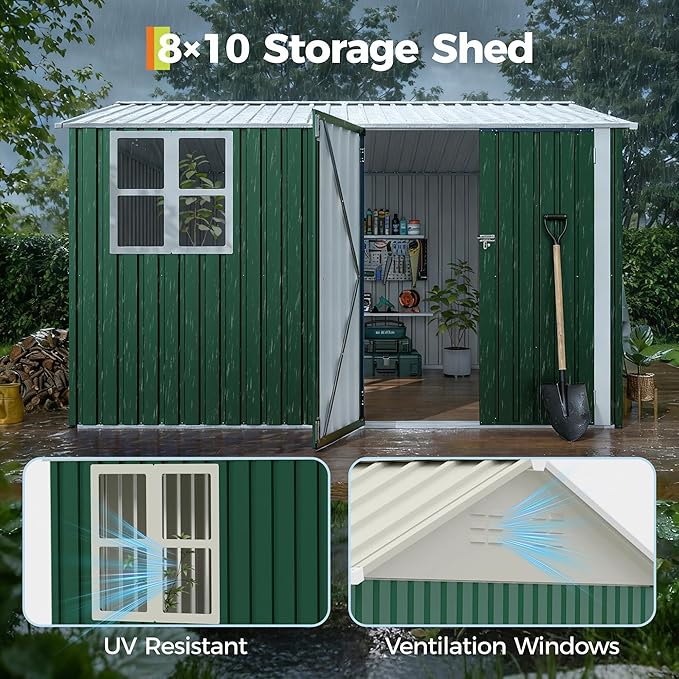 Garvee 10X8 FT Storage Shed with Cross Windows & Double Doors, 450 Cu Ft Large Outdoor Tool Shed, Garden Shed for Riding Mower, Bike, Lawn Equipment - All Weather Meta