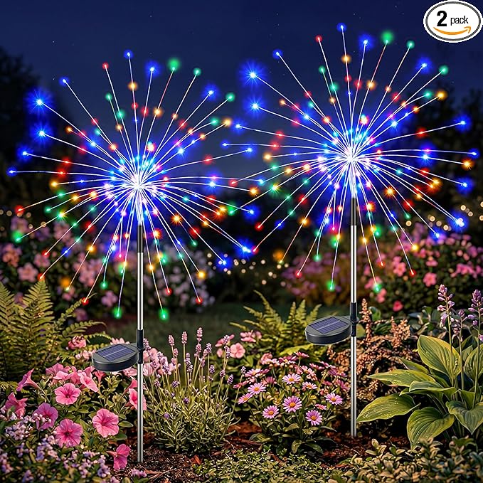btfarm 2 Pack Solar Garden Lights Outdoor 8 Modes, 120 LED Firework Lights Solar Powered, Waterproof Twinkle Fairy Light Outside for Yard Pathway Lawn Pool Patio Christmas Decorative, Multicolor