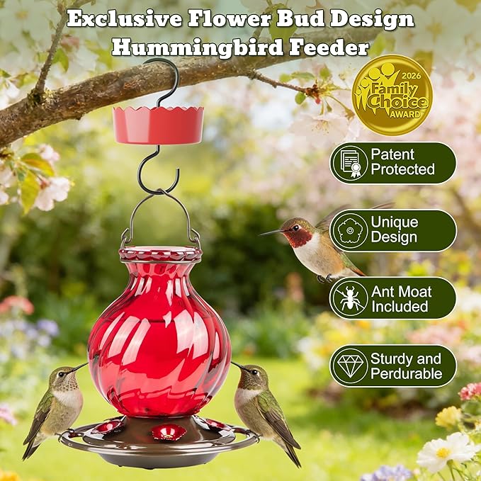 Hummingbird Feeder, Auslar 26 Ounces Glass Hummingbird Feeders for Outdoors Hanging Ant and Bee Proof, Ant Moat & 5 Flower Feeding Ports, Rustproof, Leakproof, Netted Flower Bud Shape Bottle, Red