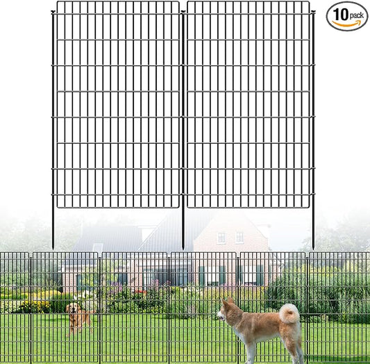 10 Panels No Dig Metal Garden Fence, 48 in (H) x 25.3 ft (L), Tall Animal Barrier Rustproof Outdoor Border for Dogs Rabbits, Decorative Wire Fencing for Yard Patio Temporary Fence with Stakes, Black