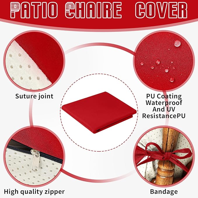 Tudomro 4 Pcs Outdoor High Back Chair Cushion Covers (Not Includes Cushion) Waterproof Patio Replacement Rocking Chair Slipcover Seat Pad Cover with Tie for Furniture (Red,44'' X 21'')