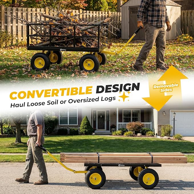 Sekey 1600 lbs Heavy Duty Steel Garden Cart for Farm & Construction, 12 Cu.Ft. Extra-Large Utility Wagon with Removable Sides, 2-in-1 Towable Handle, 13" Rubber Tires, Black