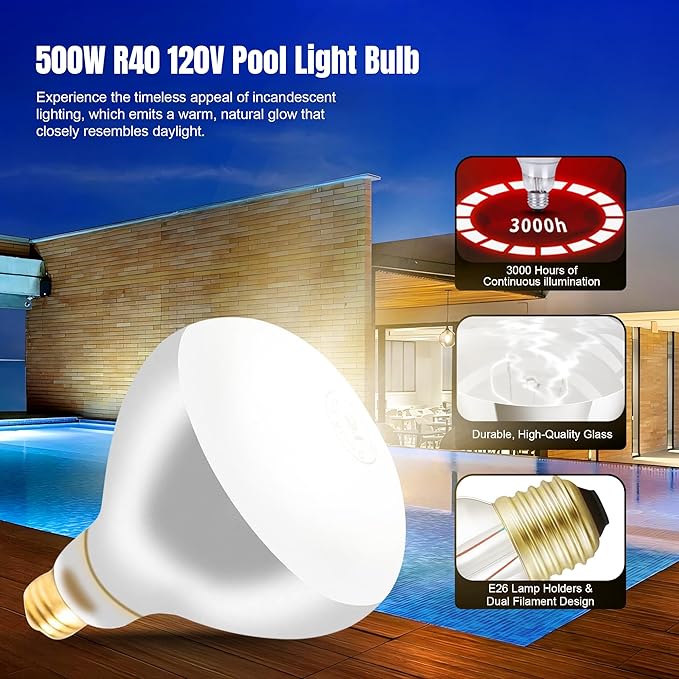 500W R40 120V Pool Light Bulb for Inground Pool & Spa – 3000K Warm White, E26 Base, High-Power, Compatible with Pentair & Hayward Fixtures, 3,000-Hour Lifespan (4 Pack)