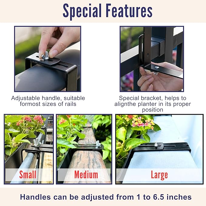 LaLaGreen Railing Planter Boxes (16 Inch, 4 Pack) Black Rectangular Plastic Window Box Planters with Self-Watering System Metal Brackets, Outdoor Plants Herbs Flowers Deck Balcony Fence Garden Decor