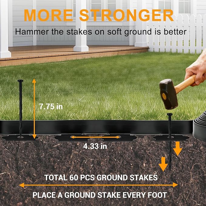Hugeleaf Landscape Edging 2 Inch Tall 60 Feet Garden Edging Border with 60pcs Stakes, Plastic Edging for Landscaping,Lawn,Flower Beds, Paver Edging (Black)